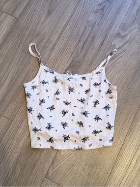 White Floral Ribbed Cami Tank Top Blue Ditsy Print Adjustable Straps | Size L